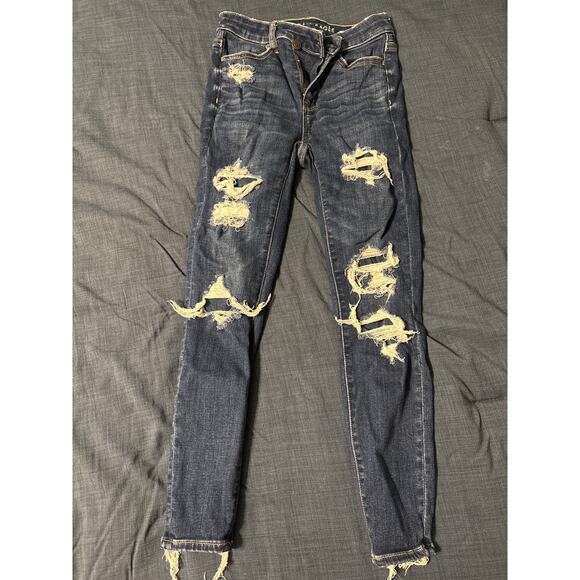 American Eagle Next Level Stretch Dark Wash Distressed Skinny Jeans Size 0 Short - Picture 1 of 5